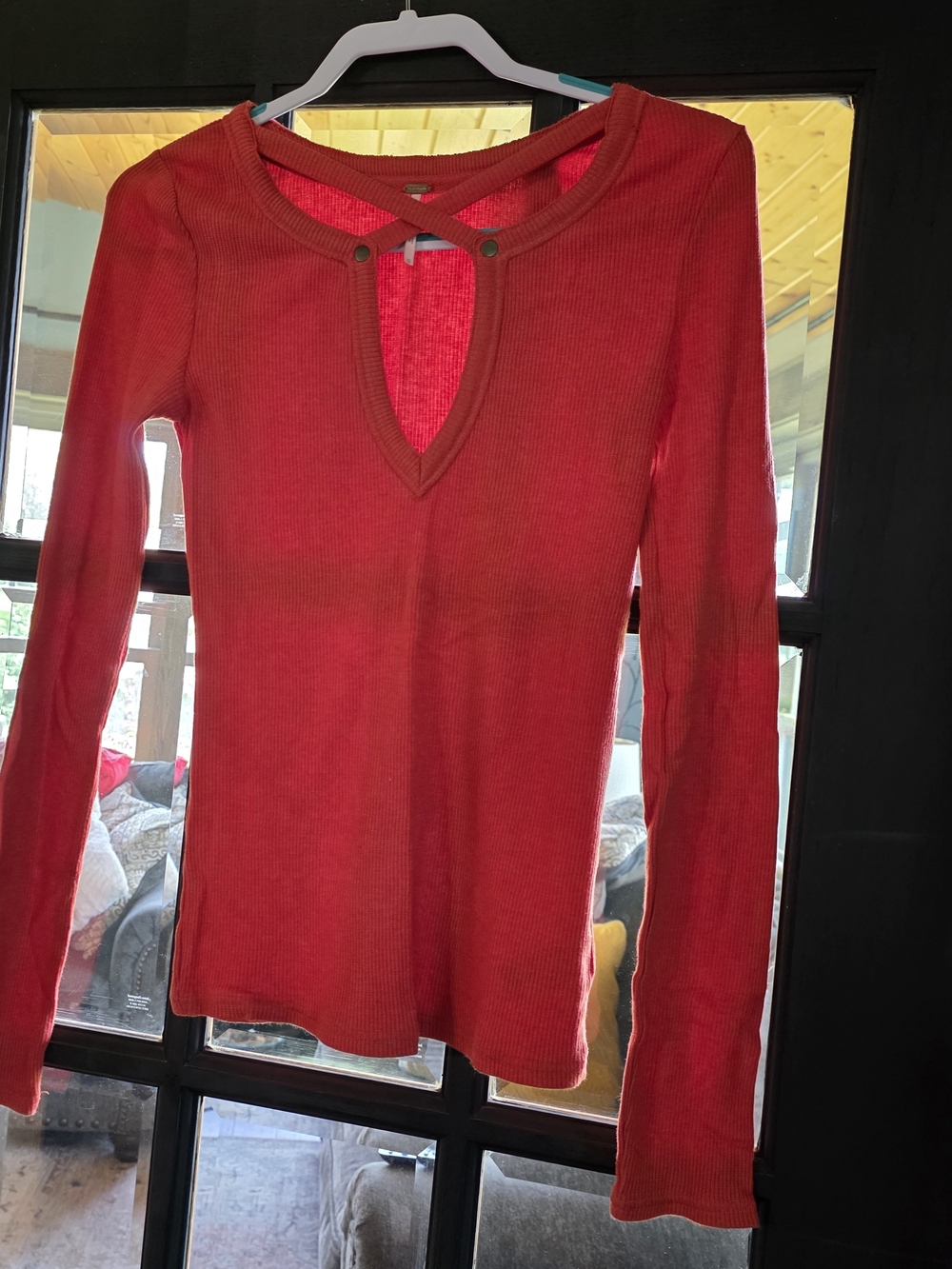 Free People Red Ribbed Long-Sleeve Keyhole Top